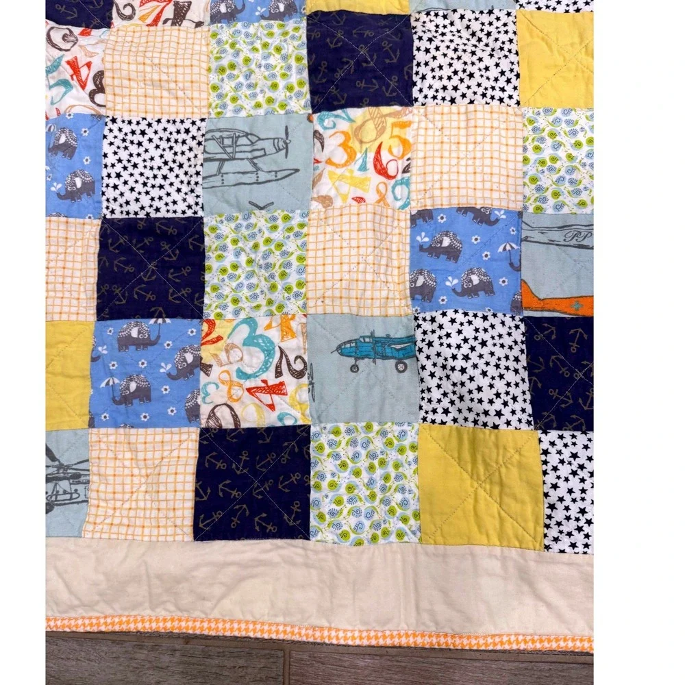 Handmade Baby Quilt Airplane Aviation Patchwork Minky Backing 40x39 Nursery